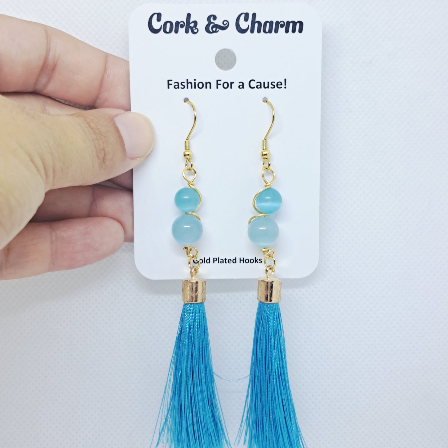 Ocean Blue Beaded Tassel Gold Plated Earrings