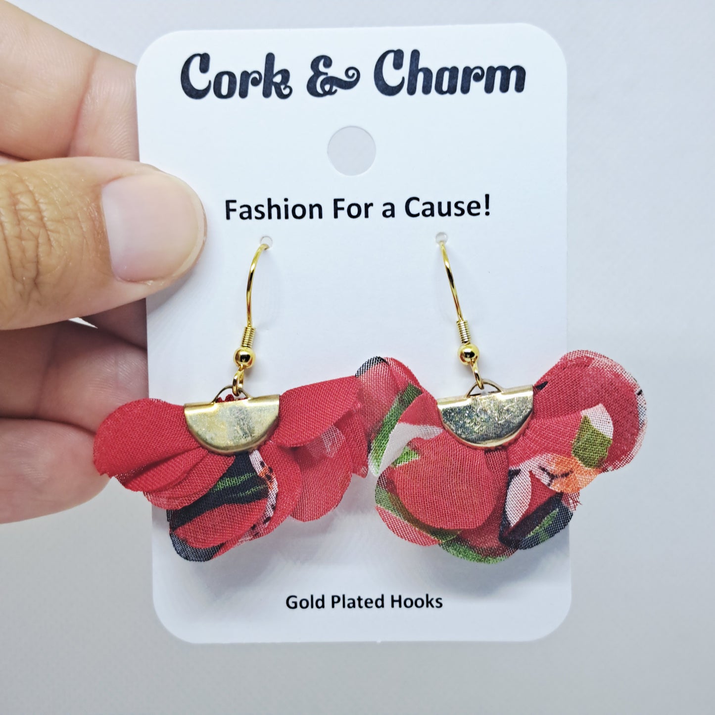 Red Silk Fabric Mini Flower Gold Plated Earrings