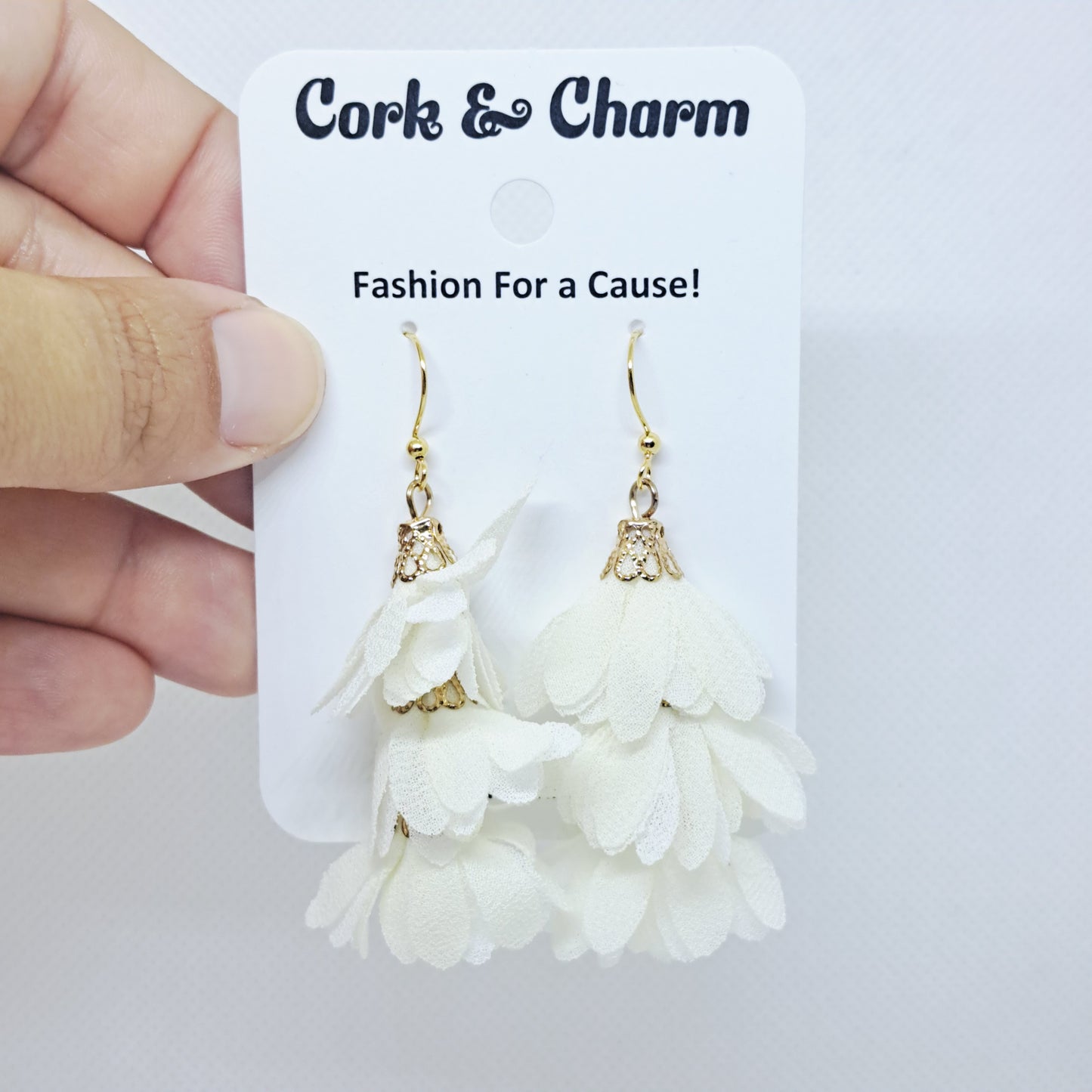 White Tiered Fabric Flowers Gold Plated Earrings