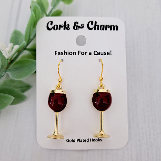 Red Wine Glass Goblet Enamel Gold Earrings