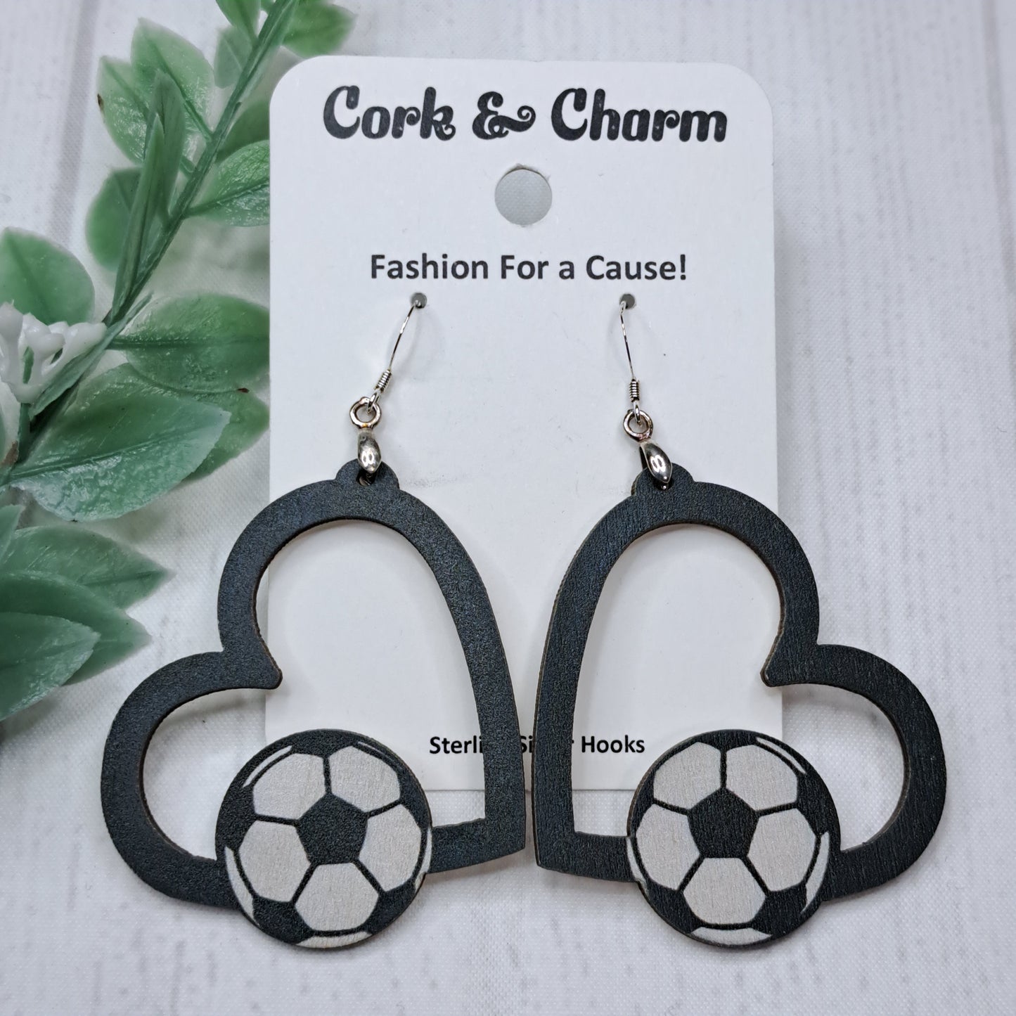 Heart Soccer Ball Wooden Sterling Silver Earrings