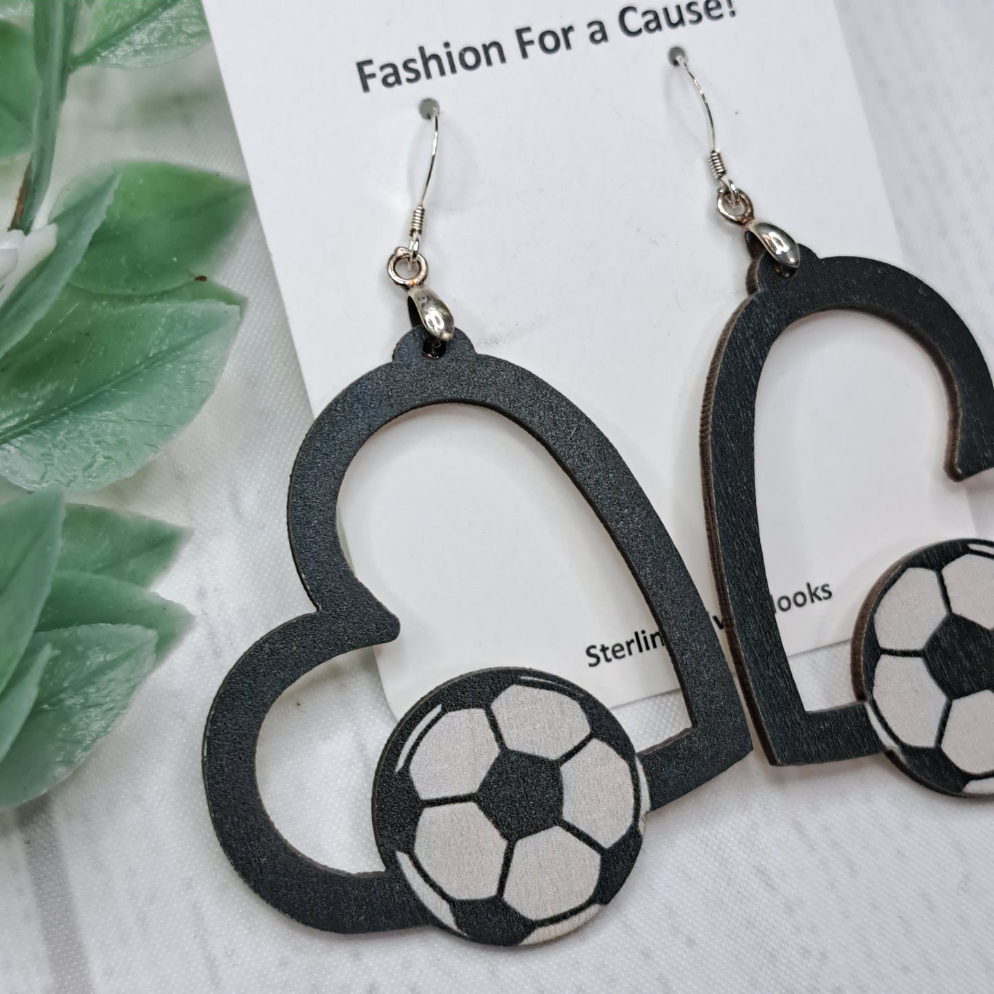 Heart Soccer Ball Wooden Sterling Silver Earrings
