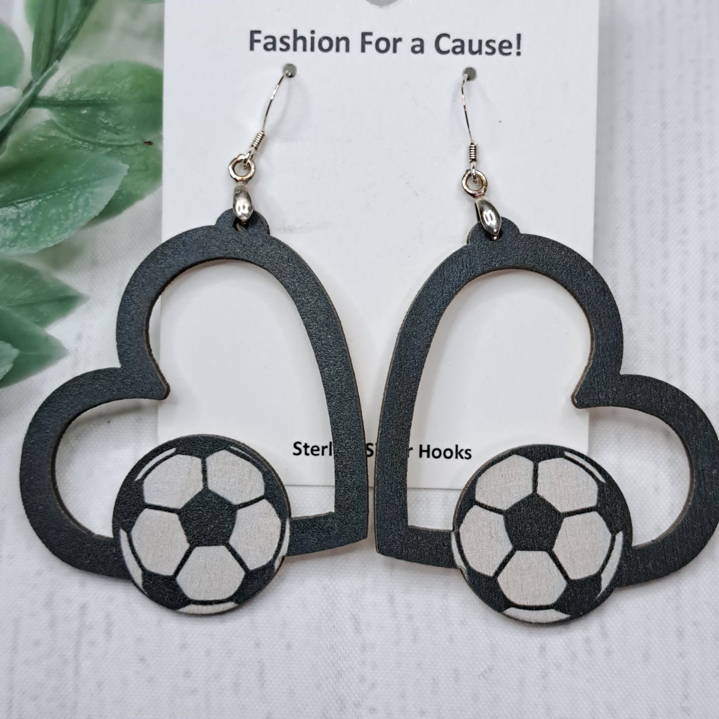 Heart Soccer Ball Wooden Sterling Silver Earrings