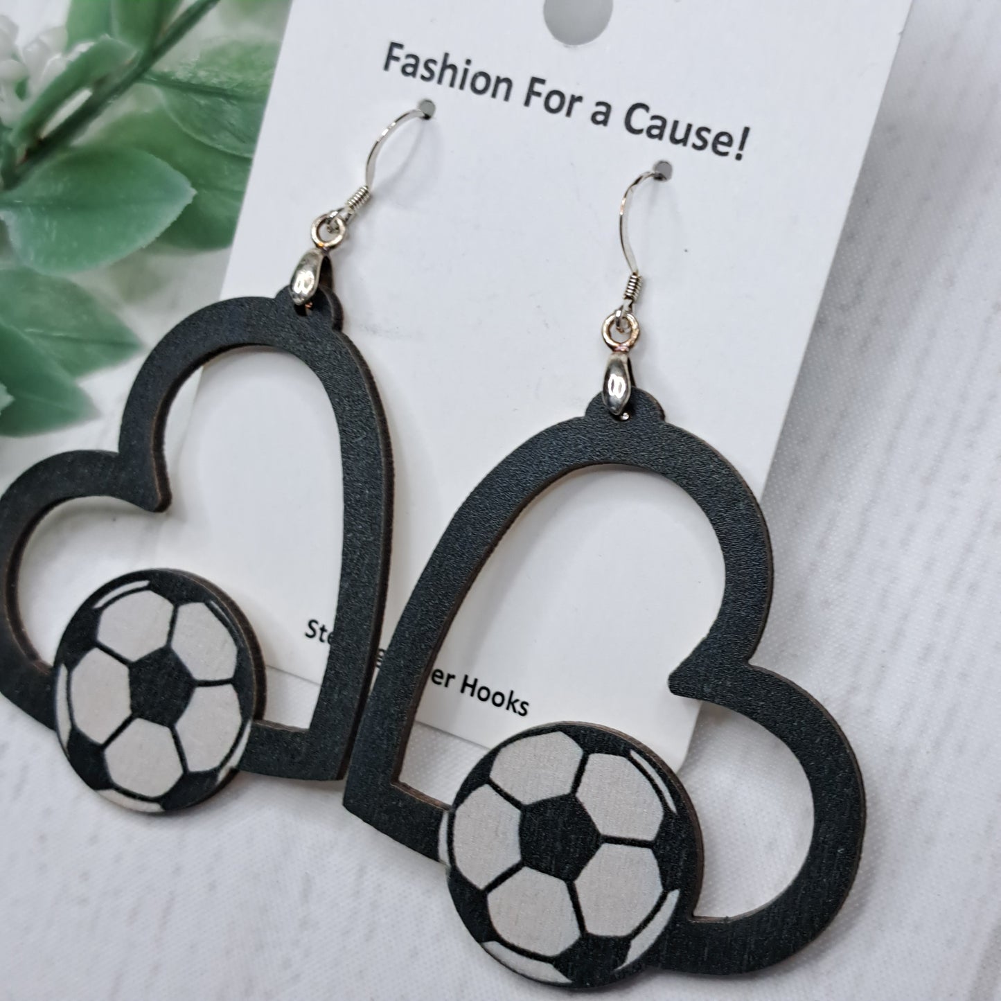 Heart Soccer Ball Wooden Sterling Silver Earrings