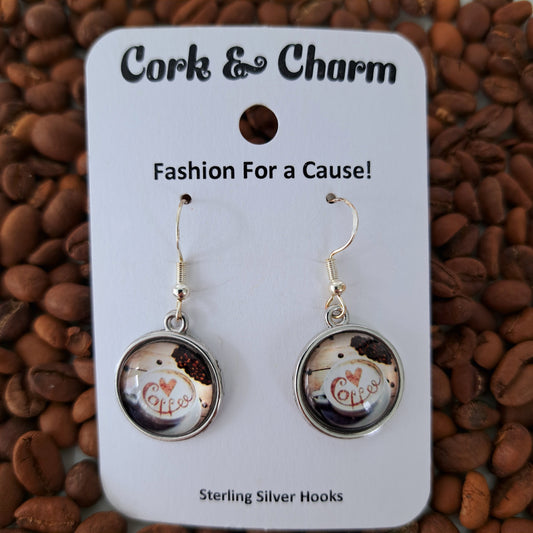 Heart Coffee Cup Round Sterling Silver Earrings