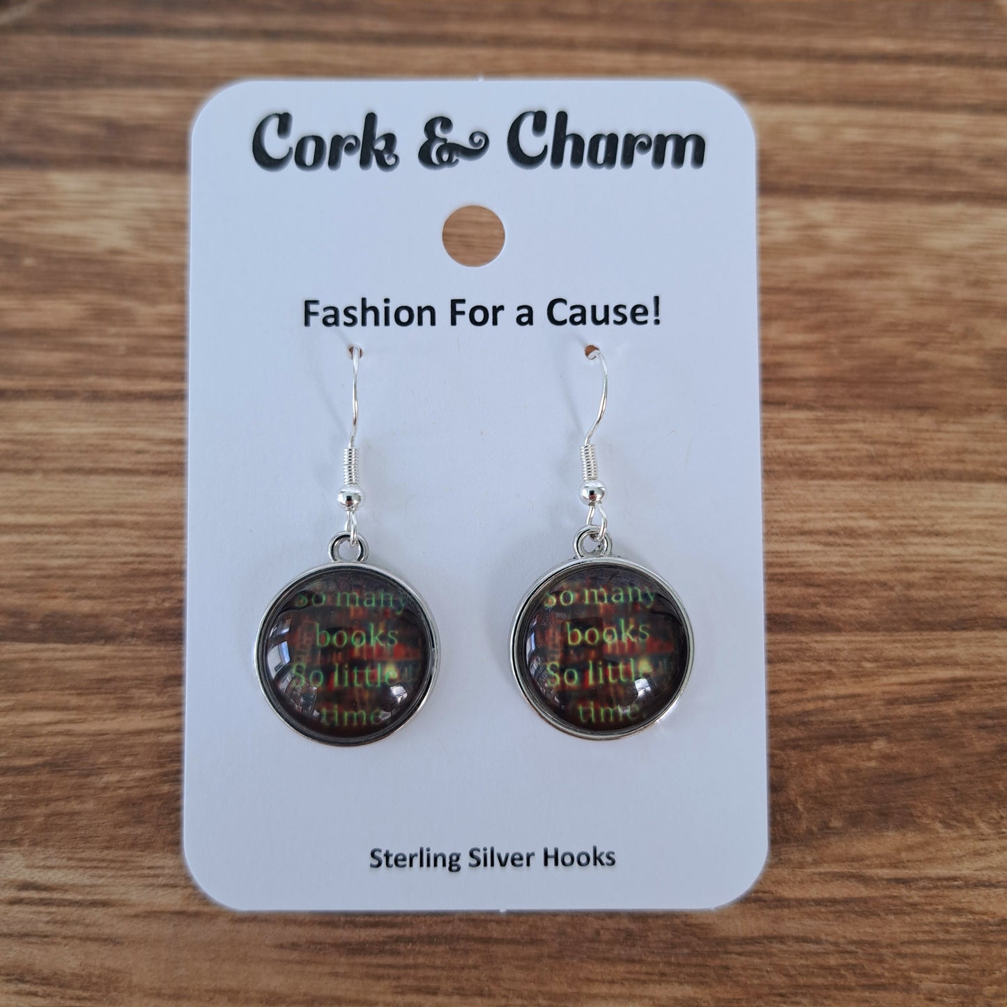 So Many Books So Little Time Dark Round Sterling Silver Earrings