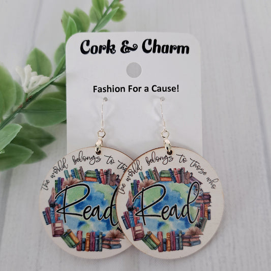 The World Belongs To Those Who Read Circle Book Wooden Sterling Silver Earrings