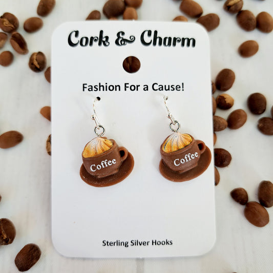 Brown Coffee Mug with Foam Sterling Silver Earrings