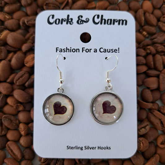 Heart Coffee Art Round Sterling Silver Earrings