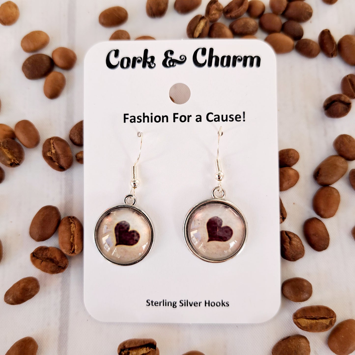 Heart Coffee Art Round Sterling Silver Earrings