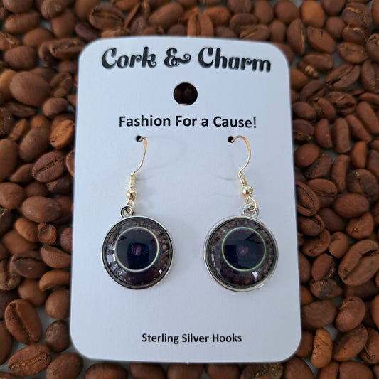 Coffee Cup and Beans Round Sterling Silver Earrings