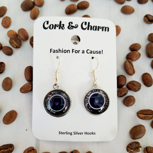 Coffee Cup and Beans Round Sterling Silver Earrings