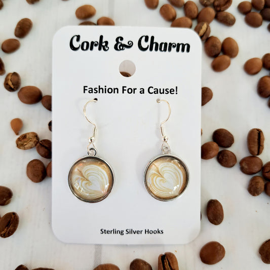 Heart Coffee Art Round Sterling Silver Earrings