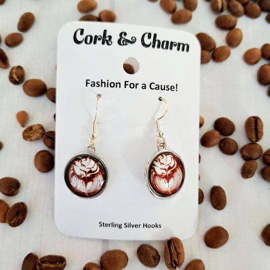 Rose Coffee Art Round Sterling Silver Earrings