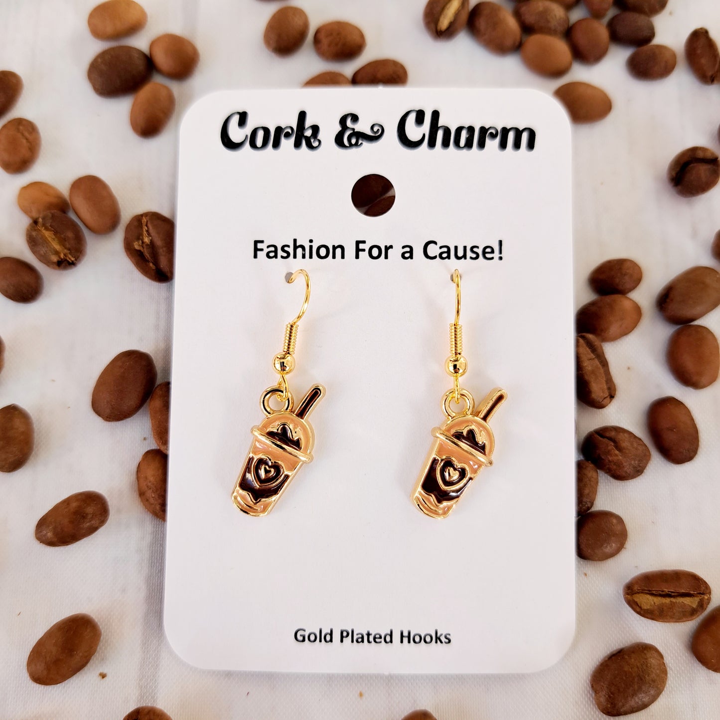Brown Enamel Coffee Cup with Straw Gold Earrings