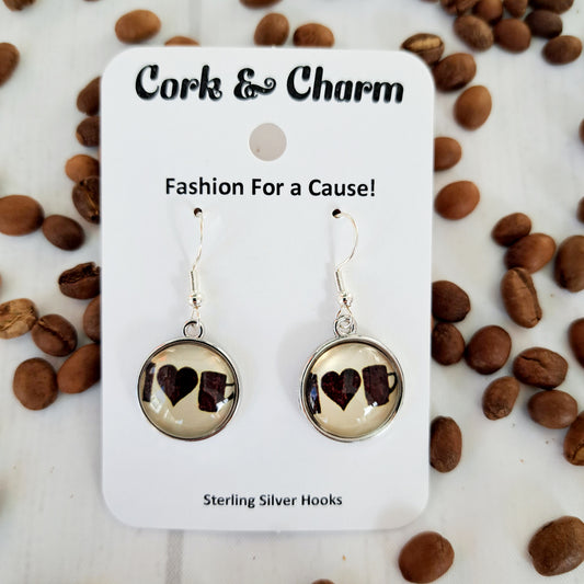 I Heart Coffee Round Sterling Silver Earrings