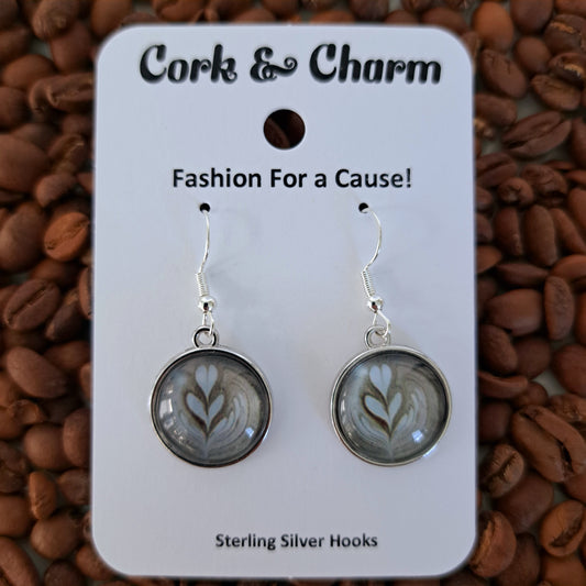 Double Heart Flower Coffee Art Round Sterling Silver Earrings