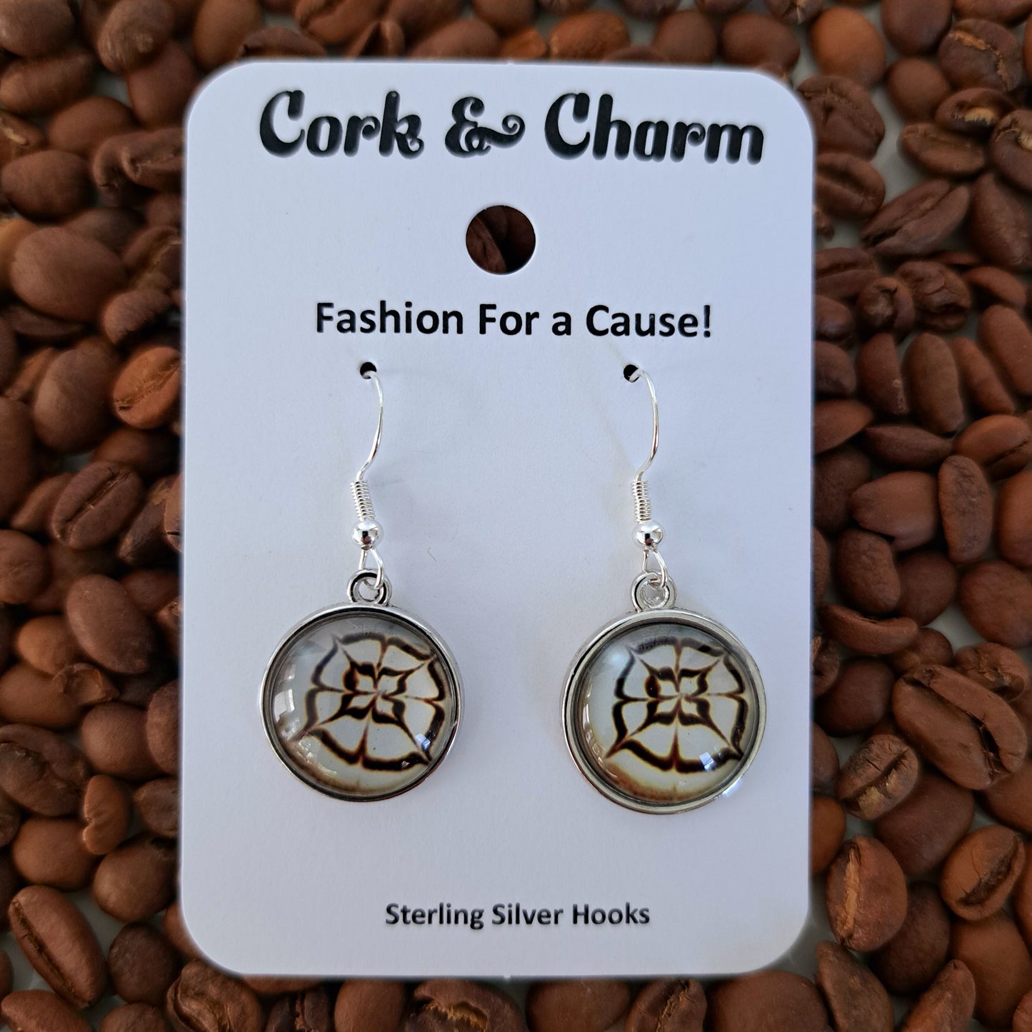 Flower Coffee Art Round Sterling Silver Earrings