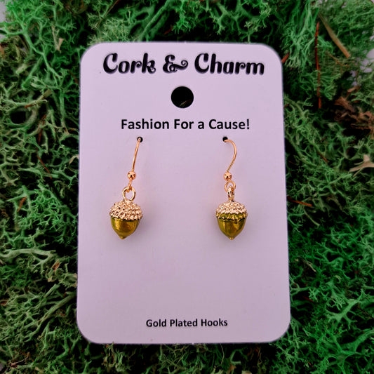 Mini Green Acorn Gold Earrings