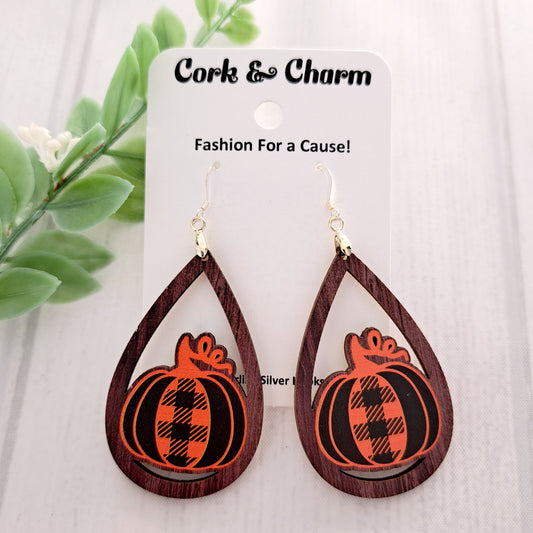 Black and White Plaid Pumpkins Wooden Earrings Sterling Silver
