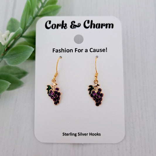 Mini Purple Grapes Bunch Enamel Gold Earrings