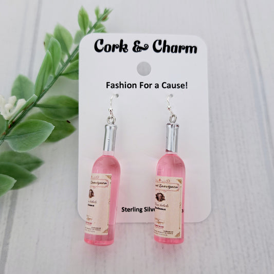 Pink Wine Bottle Drink 3D Sterling Silver Earrings