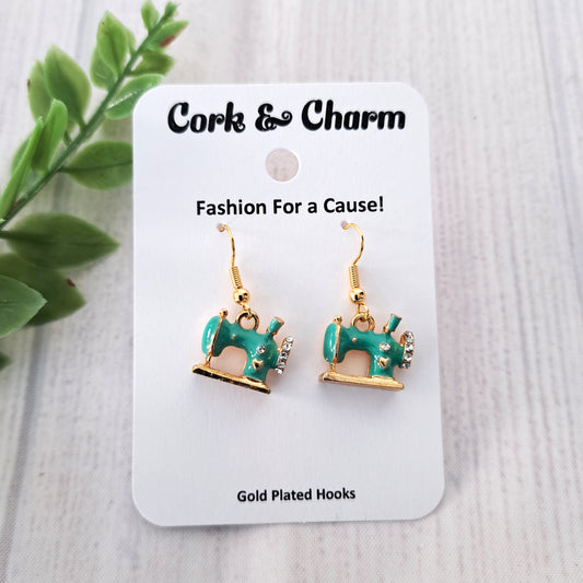 Teal Blue 3D Sewing Machine Gold Earrings