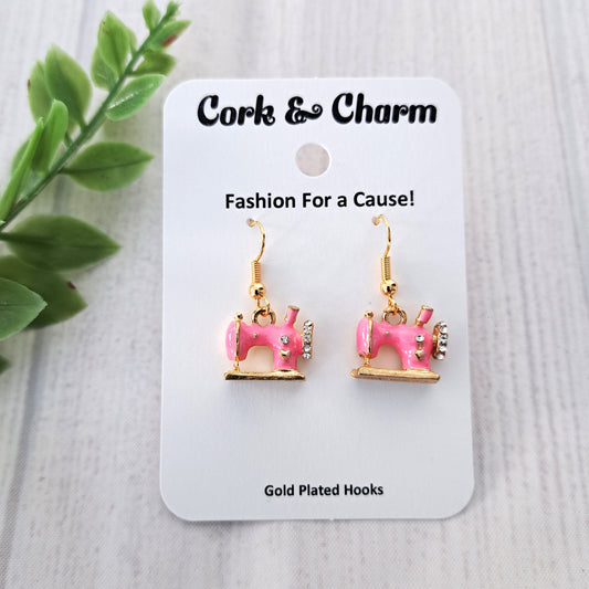 Pink 3D Sewing Machine Gold Earrings