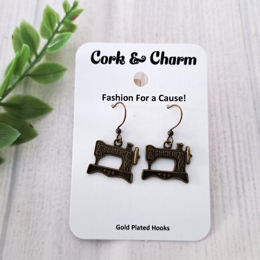 Antique Gold Singer Sewing Machine Gold Earrings