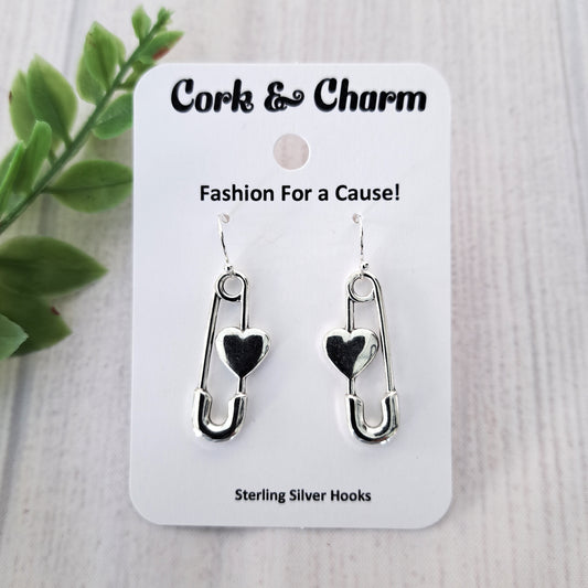 Silver Safety Pin with Heart Sterling Silver Earrings