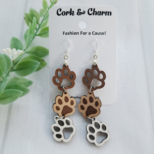 Paw Print Stacked Wooden Sterling Silver Earrings