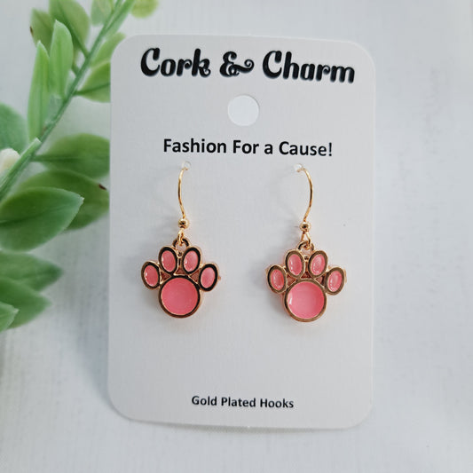 Pink Paw Print Gold Earrings