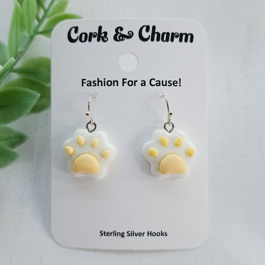 White Yellow Paw Print Sterling Silver Earrings