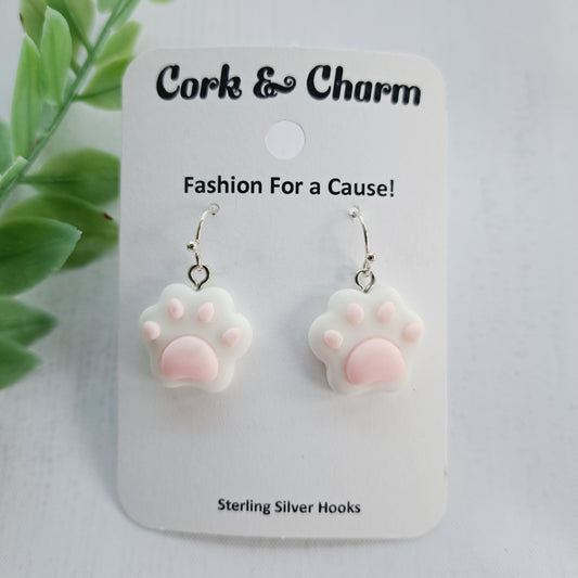 White Pink Paw Print Sterling Silver Earrings