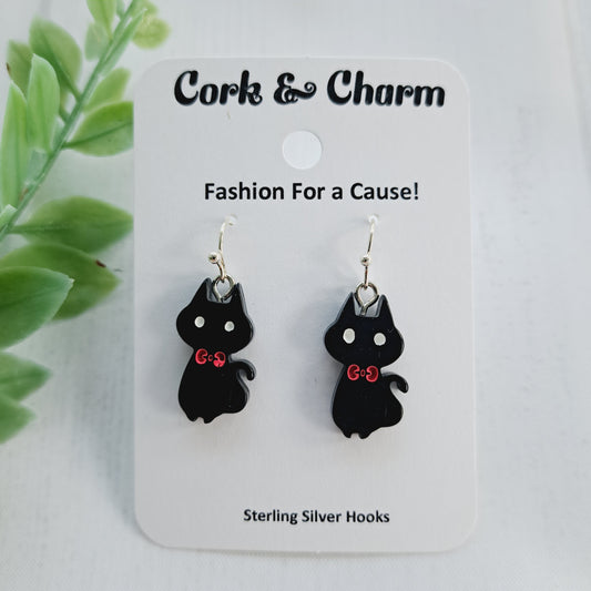 Black Cat with Pink Bow Sterling Silver Earrings