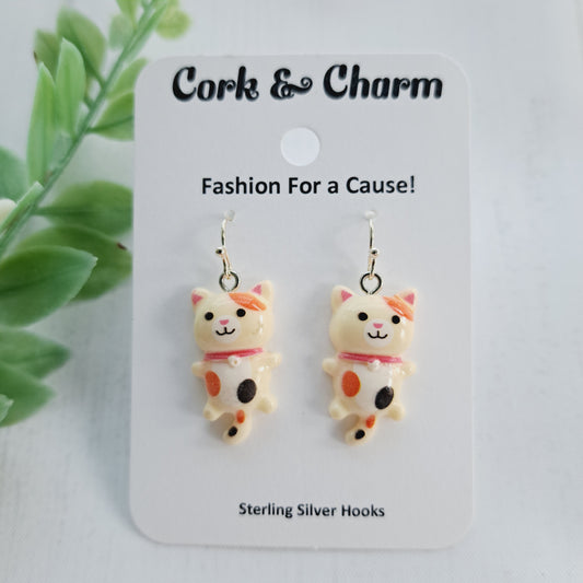 Calico Hanging Cat Sterling Silver Earrings