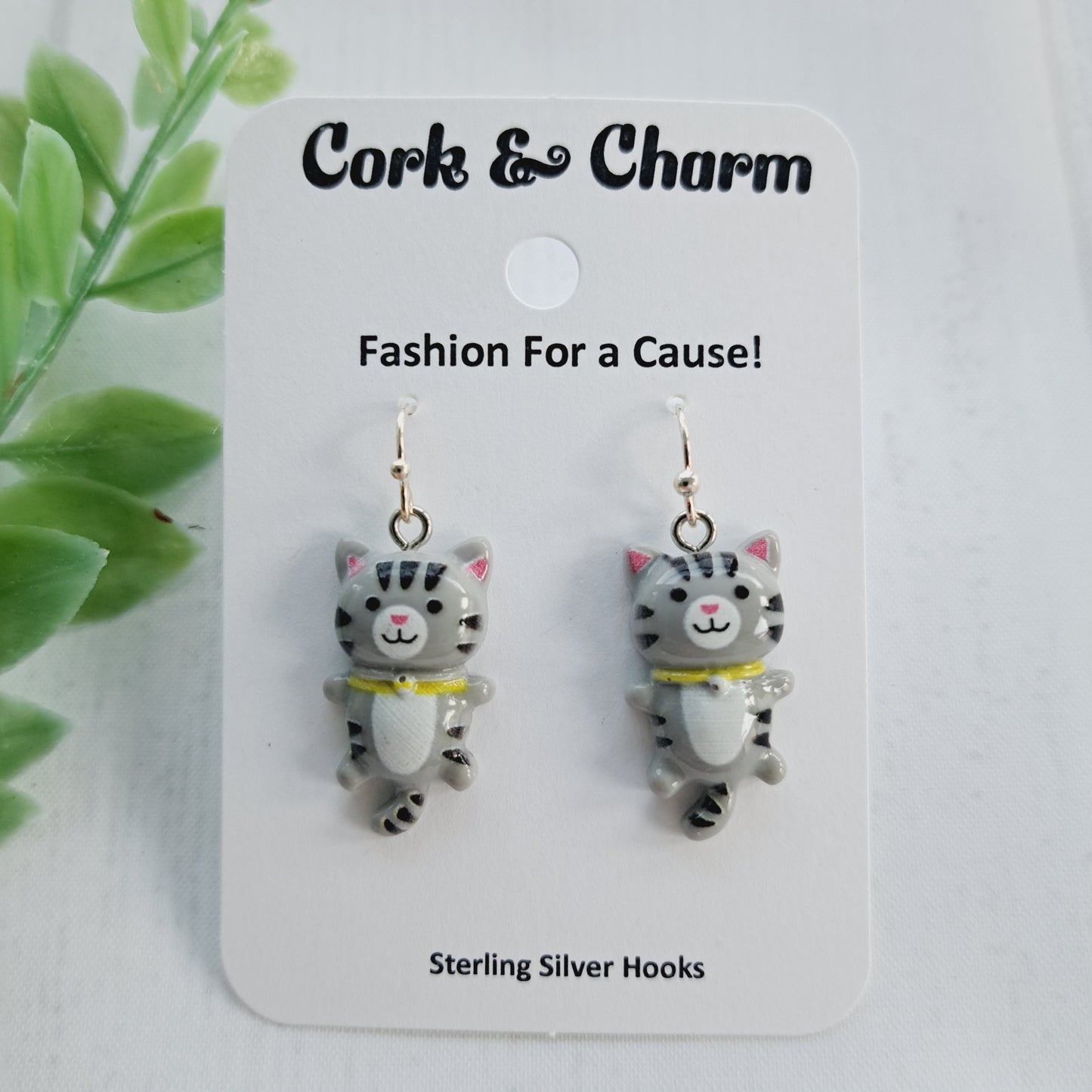 Gray Hanging Cat Sterling Silver Earrings