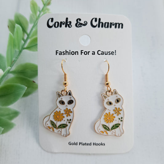 White Floral Cat Gold Earrings