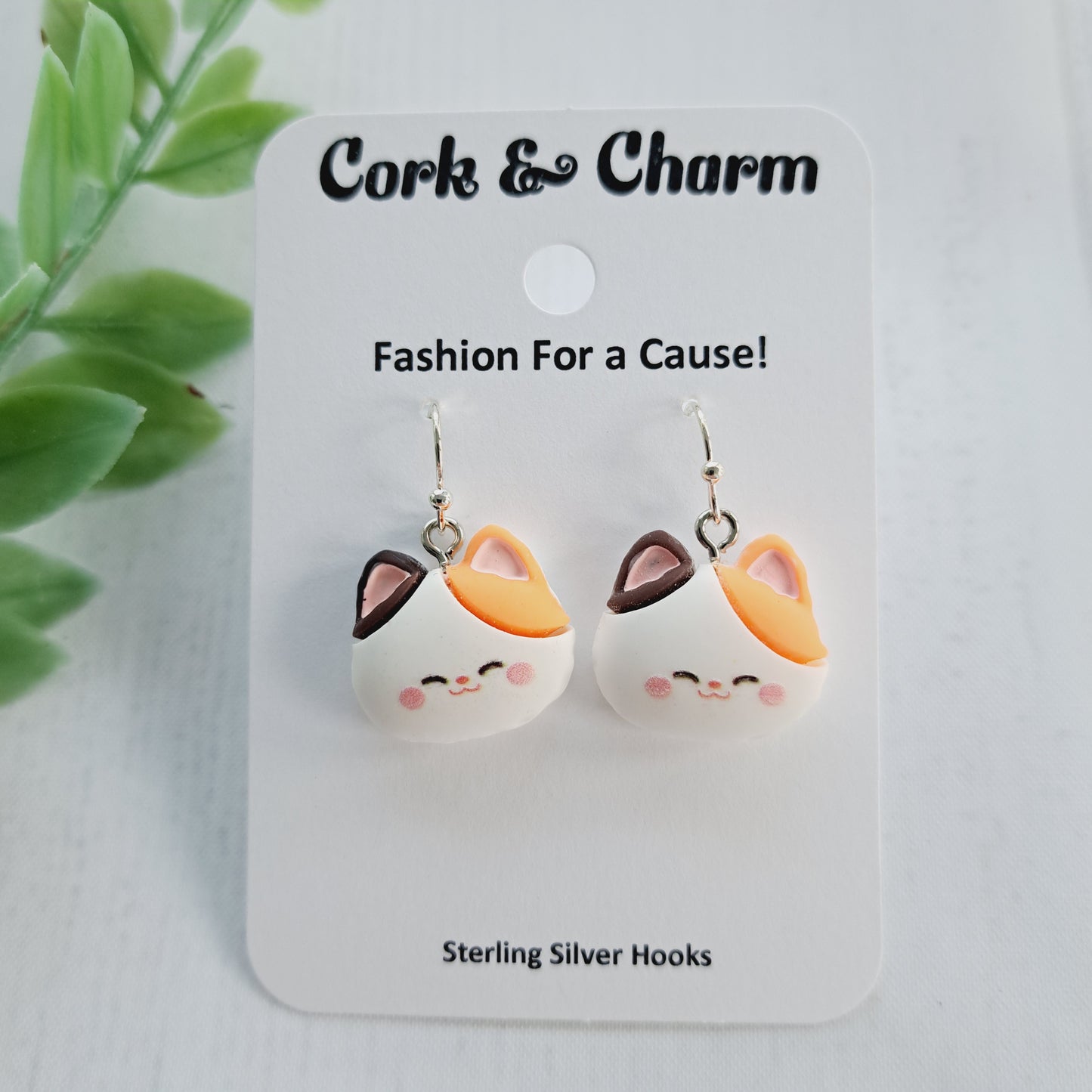 Calico Cat Head Sterling Silver Earrings