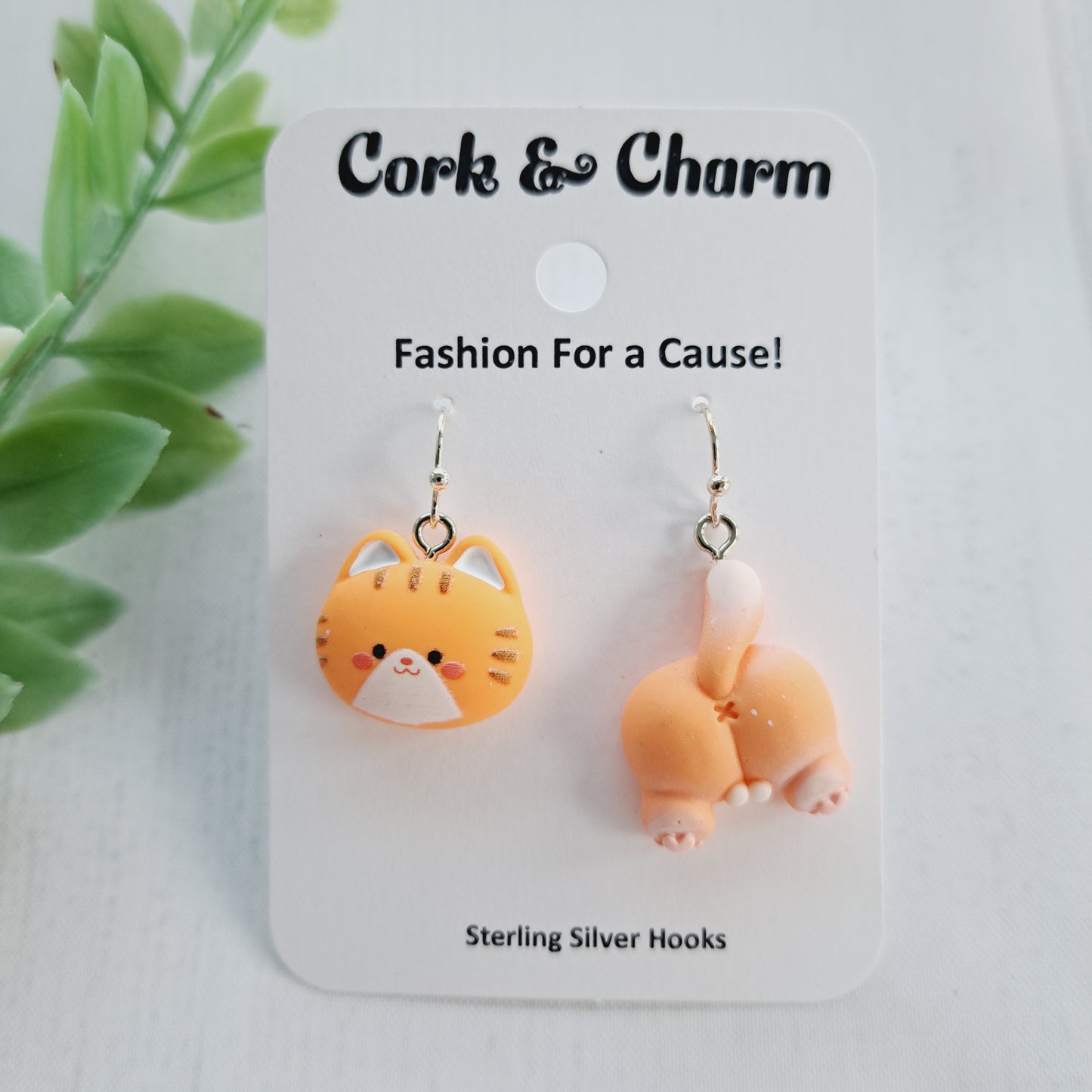 Asymmetrical Orange Cat Head Back Tail Behind Sterling Silver Earrings