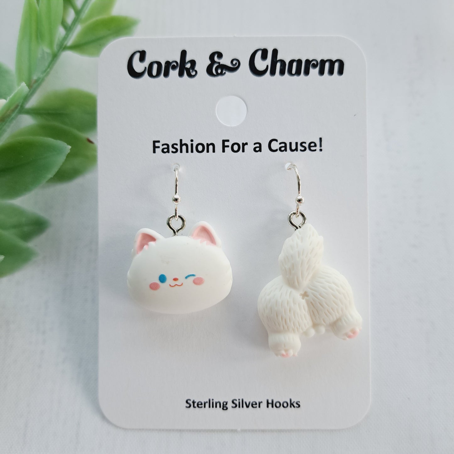 Asymmetrical White Cat Head Back Tail Behind Sterling Silver Earrings