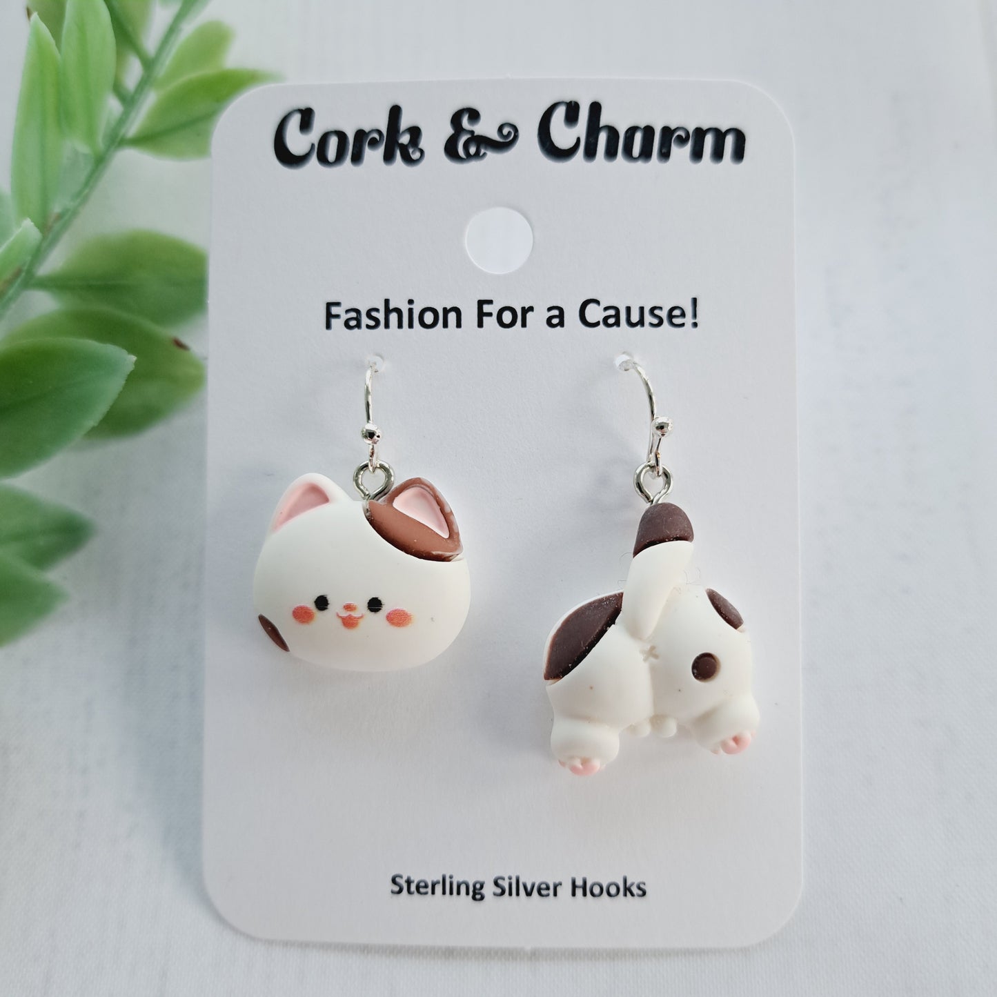 Asymmetrical White Brown Cat Head Back Tail Behind Sterling Silver Earrings