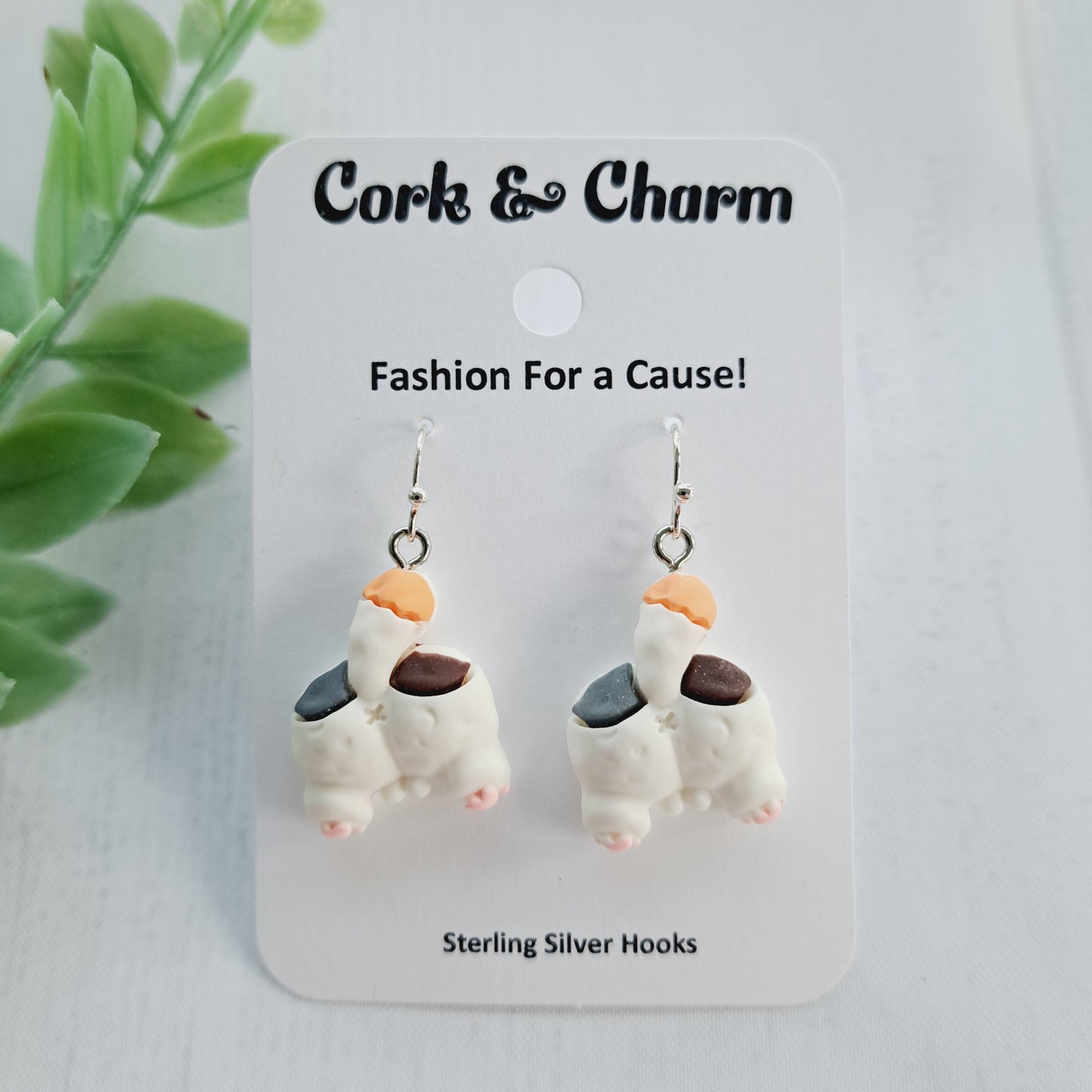 Calico Cat Back Tail Behind Sterling Silver Earrings