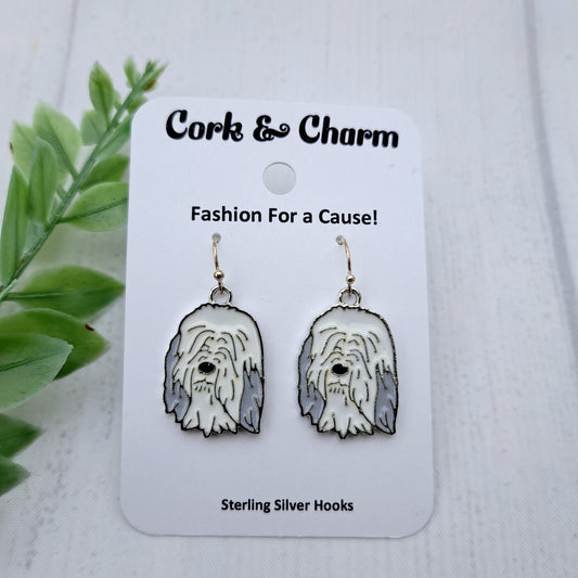 Old English Sheepdog Dog Breed Head Face Sterling Silver Earrings