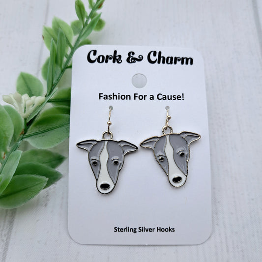 Whippet Dog Breed Head Face Sterling Silver Earrings