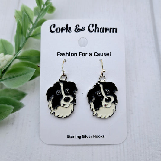 Border Collie Dog Breed Head Face Sterling Silver Earrings