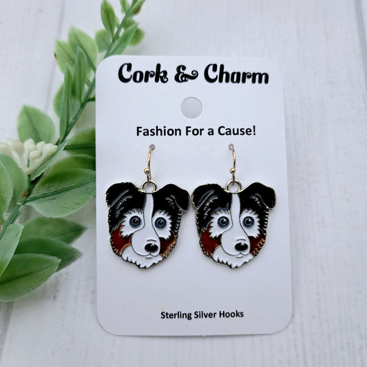 Collie Dog Breed Head Face Sterling Silver Earrings