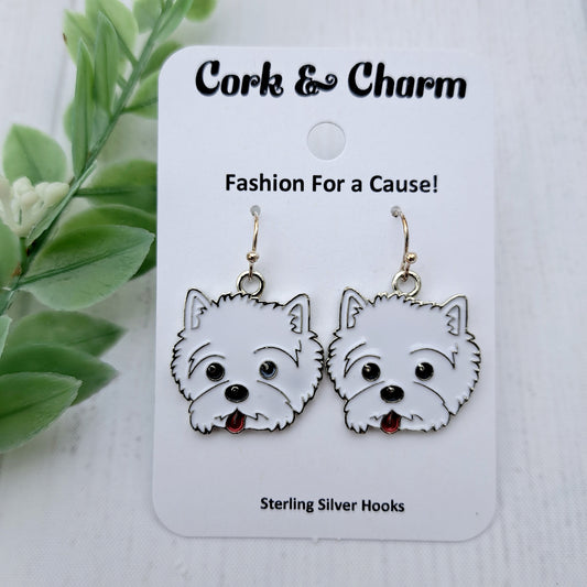 West Highland Terrier Dog Breed Head Face Sterling Silver Earrings