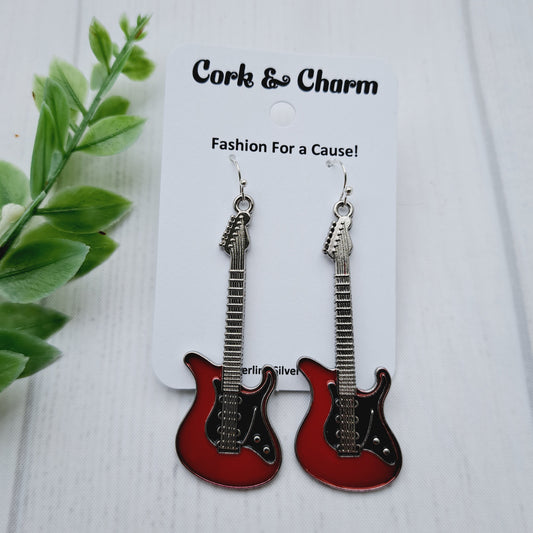 Red Electric Guitar Enamel Sterling Silver Earrings