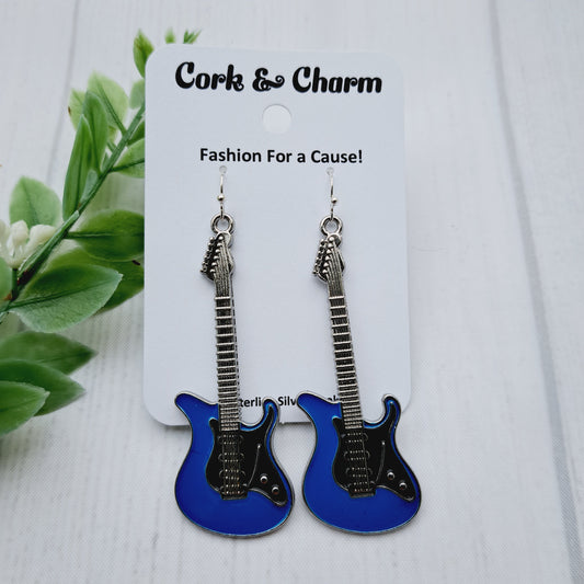 Blue Electric Guitar Enamel Sterling Silver Earrings